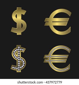 Dollar and euro signs. Golden dollar and euro symbols with diamonds