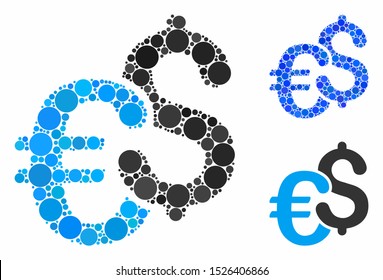 Dollar and Euro symbols composition for Dollar and Euro symbols icon of filled circles in various sizes and color hues. Vector random circles are organized into blue illustration.