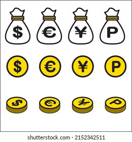 Dollar, Euro, Yen, Bag of Points, Simple Icon of Coin Finance Finance Image, Illustration Set
