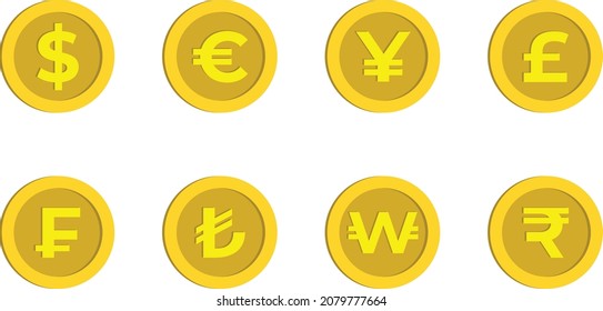 Dollar, Euro, Yen, Pound, Franc, Turkish Lira, Won and Rupee Sign Gold Cartoon Coin, Money Currency