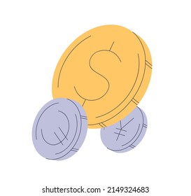 Dollar, euro and yen symbols on coins. American, European and Japanese money. USD, EUR, JPY currency exchange. Finance, economy concept. Flat vector illustration isolated on white background