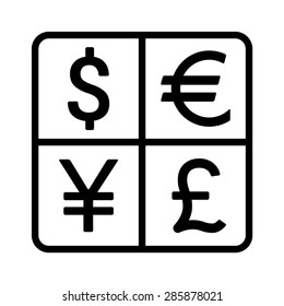 Dollar, Euro, Yen, Yuan and Pound currency exchange or symbols line art vector icon for finance apps and websites
