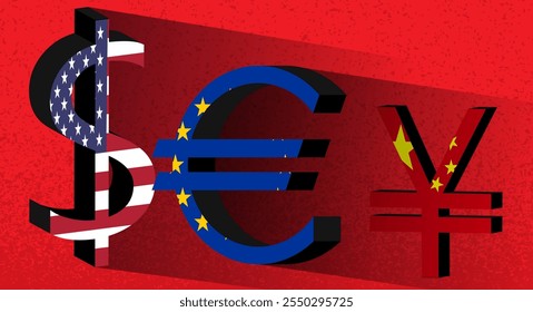 Dólar, Euro, Símbolo monetário Yuan cantar. China, União Europeia, EUA banner, modelo, fundo, web. Parcerias comércio, parceria estratégica, sanções, deveres.	