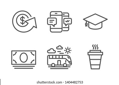 Dollar exchange, Bus travel and Cash money icons simple set. Smartphone sms, Graduation cap and Takeaway signs. Money refund, Transport. Business set. Line dollar exchange icon. Editable stroke