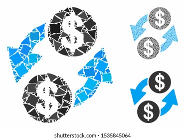 Dollar exchange composition of unequal parts in different sizes and color tones, based on dollar exchange icon. Vector rugged parts are organized into collage.
