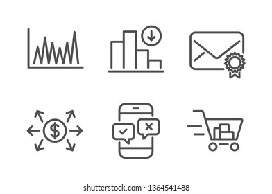 Dollar exchange, Decreasing graph and Verified mail icons simple set. Phone survey, Line graph and Shopping cart signs. Payment, Crisis chart. Business set. Line dollar exchange icon. Editable stroke