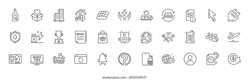 Dollar exchange, Electric plug and Solar panels line icons. Pack of Save planet, Fake news, Arena icon. Online buying, Clock bell, Alcohol free pictogram. Bread, Project deadline, Headshot. Vector