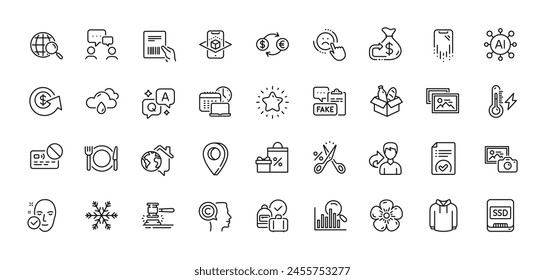 Dollar exchange, Electricity power and Ssd line icons pack. AI, Question and Answer, Map pin icons. Shopping, Hoody, Approved document web icon. Fake document, Dislike, Cashback pictogram. Vector