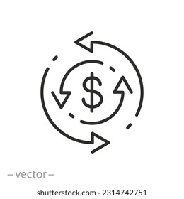 icono de cambio de dólar, dinero reciclado, concepto de devolución de efectivo, símbolo de línea sobre fondo blanco - ilustración de vector de trazo editable eps10