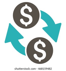 Dollar Exchange icon. Vector style is bicolor flat iconic symbol with rounded angles, grey and cyan colors, white background.