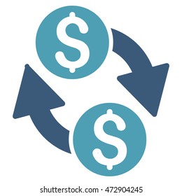 Dollar Exchange icon. Vector style is bicolor flat iconic symbol with rounded angles, cyan and blue colors, white background.