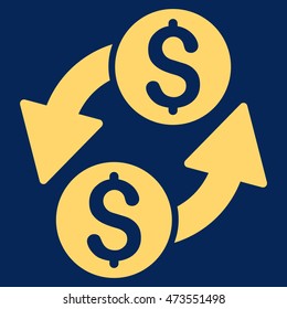 Dollar Exchange icon. Vector style is flat iconic symbol with rounded angles, yellow color, blue background.