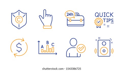 Dollar exchange, Identity confirmed and Copyright protection line icons set. Click hand, 24h service and Survey results signs. Quick tips, Speakers symbols. Banking rates, Person validated. Vector