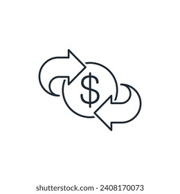 Dollar exchange investment.  Recycle money, cash back.  Vector linear icon illustration isolated on white background.