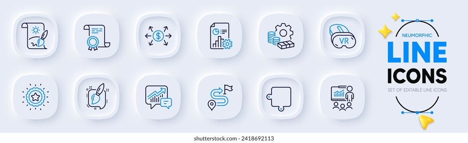 Dollar exchange, Journey and Certificate line icons for web app. Pack of Presentation, Vr, Report pictogram icons. Puzzle, Painting brush, Creative painting signs. Accounting. Vector