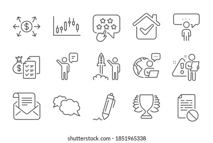 Dollar exchange, Mail newsletter and Launch project line icons set. Candlestick graph, Messenger and Accounting wealth signs. Ranking star, Signature and Agent symbols. Line icons set. Vector