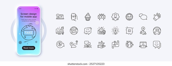 Dollar exchange, Outsourcing and Face detect line icons for web app. Phone mockup gradient screen. Pack of Map, Online question, Online documentation pictogram icons. Vector