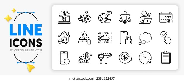El intercambio de dólares, la cartera de teléfonos y los iconos de la línea de trabajo de outsourcing de la aplicación incluyen Ethics, Podcast, el icono delgado del contorno de burbujas Talk. Eliminar equipo, teléfono de recuperación, icono del pictograma de empresa de inicio. Vector
