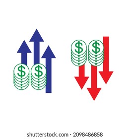 Kurskurve-Symbol für den Dollar-Wechselkurs. Grafik des steigenden und fallenden Geldes. Gewinn- und Verlustdiagramm, Vektorgrafik. Vektorgrafiken.