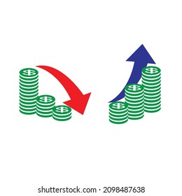 dollar exchange rate curve graph icon. graph of rising and falling money. profit and loss chart vector illustration. vector graphics.