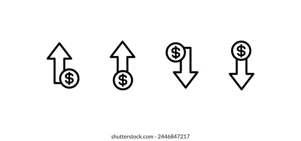 Iconos del tipo de cambio del dólar. Flecha arriba y abajo. Estilo lineal. Iconos vectoriales