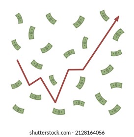 Dollar exchange rate rose. Banknotes cash falling and graphic arrow goes up. Financial economic crisis. Business investment success symbol. Money finance recovery. Vector illustration