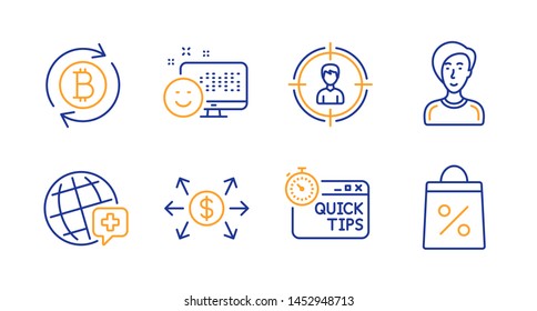 Dollar exchange, Refresh bitcoin and Smile line icons set. Quick tips, World medicine and Headhunting signs. Businesswoman person, Shopping bag symbols. Payment, Update cryptocurrency. Vector