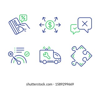 Dollar exchange, Reject and No internet line icons set. Credit card, Car service and Strategy signs. Payment, Delete message, Bandwidth meter. Loan percent. Technology set. Vector