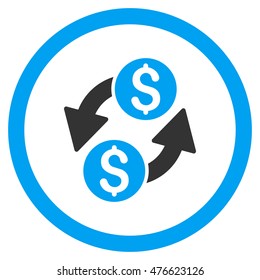 Dollar Exchange rounded icon. Vector illustration style is flat iconic bicolor symbol, blue and gray colors, white background.