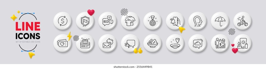 Dollar exchange, Shield and Bid offer line icons. White buttons 3d icons. Pack of Umbrella, Cloud communication, Cyclist icon. Love tickets, Clean t-shirt, Seo statistics pictogram. Vector