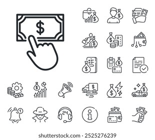 Signo de cambio de dólar. Dinero en efectivo, préstamos e iconos de esquema de hipoteca. Icono de línea de Hacer clic de pagos. Símbolo financiero. Signo de línea del Hacer clic de pagos. Tarjeta de crédito, icono de monedero cripto. Inflación, salario laboral. Vector