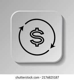 Dollar exchange simple icon vector. Flat design. Black icon on square button with shadow. Grey background.ai