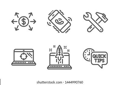 Dollar exchange, Start business and Seo laptop icons simple set. Call center, Spanner tool and Quick tips signs. Payment, Launch idea. Technology set. Line dollar exchange icon. Editable stroke