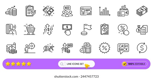 Dollar exchange, Survey checklist and Bid offer line icons for web app. Pack of Web report, Accounting wealth, Card pictogram icons. Bitcoin mining, Report, Payment click signs. Auction. Vector