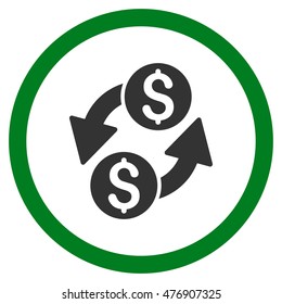 Dollar Exchange vector bicolor rounded icon. Image style is a flat icon symbol inside a circle, green and gray colors, white background.