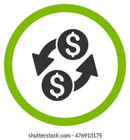 Dollar Exchange vector bicolor rounded icon. Image style is a flat icon symbol inside a circle, eco green and gray colors, white background.