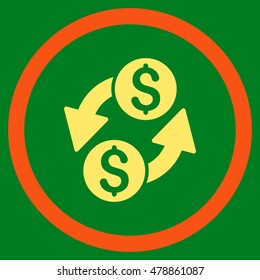 Dollar Exchange vector bicolor rounded icon. Image style is a flat icon symbol inside a circle, orange and yellow colors, green background.