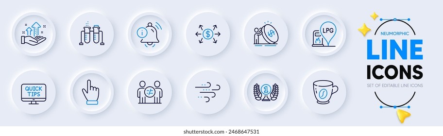 Dollar exchange, Windy weather and Chemistry beaker line icons for web app. Pack of Web tutorials, Information bell, Coffee pictogram icons. Cursor, Analysis graph, Discrimination signs. Vector