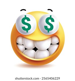 Dollar eyes emoji clipart 3d character. Emoji money rich, wealth, success, joy and happiness with grin teeth facial expressions yellow icon graphic elements. Vector illustration dollar money eyes 