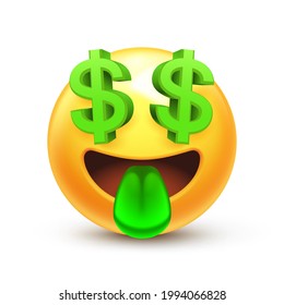 Dollar Eyes Emoji. Money Face Emoticon With Green Tongue 3D Stylized Vector Icon