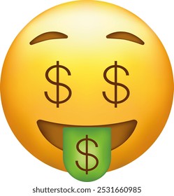 Dollaraugen Emoji. Money face Emoticon mit grüner Zunge