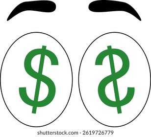 Dólar nos olhos, dinheiro nos olhos, sobrancelha com dinheiro nos olhos