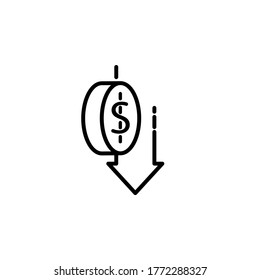 Dollar falling coins, stastics linear decrease isolated symbol, finance money illustration