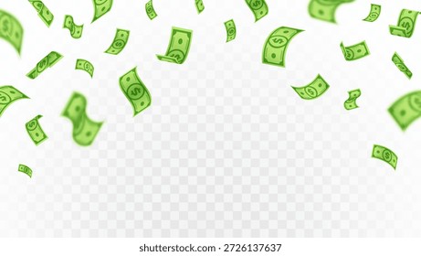 Fondo de lluvia que cae del dólar con la ducha de dinero en efectivo voladora. Ilustración vectorial del Fondo de pantalla monetario que simboliza la riqueza, los ingresos, las ganancias y el éxito financiero.
