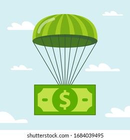 dollar is falling smoothly on a parachute. flat vector illustration.