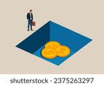 Dollar fell in the crisis. Financial instability and stock market crash. Businessman watching a dollar money sunk in the gap. Flat vector illustration.