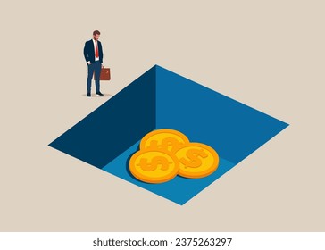 Dollar fell in the crisis. Financial instability and stock market crash. Businessman watching a dollar money sunk in the gap. Flat vector illustration.