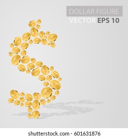 Dollar figure. Gold coins falling 3d realistic vector coin icon with shadows isolated on white 