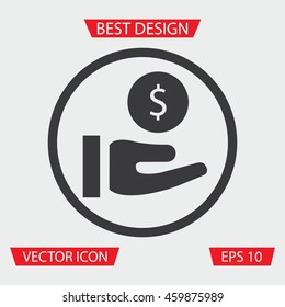 Dollar Finance Icon - Vector illustration of dollar with hand icon in circle, on gray background. Currency Icon. Finance Icon.