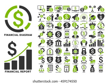 Dollar Finances Flat Vector Icons with Captions. Style is named bicolor eco green and gray flat icons isolated on a white background.